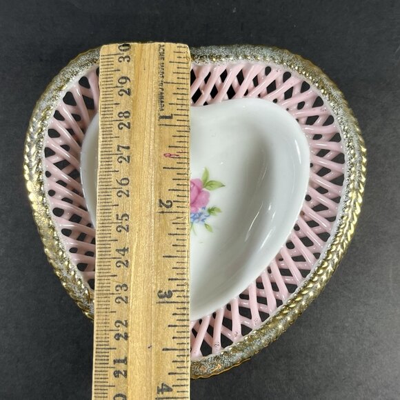 VTG Heart Shaped Porcelain Trinket Dish – Pink Lattice Edge Gold Trim Japan - Picture 4 of 7